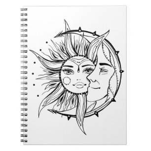 Caderno Espiral Lua e sol. Ilustração de tatuagem de estilo Vint