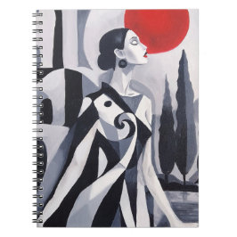 Caderno Espiral Lua Escarlate: Mulher Estilizada em Paisagem Monoc