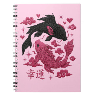 Caderno Espiral Lucky Koi Yin-Yang Bordado | Estética Preta e Rosa