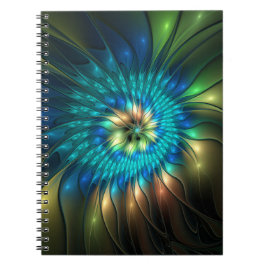 Caderno Espiral Luminosa Fantasia Flor, Colorida Abstrato Fractal