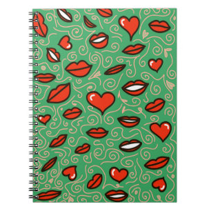 Caderno Espiral Lush Love: Red Lábios & Hearts Pop em Green