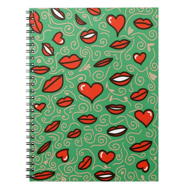 Caderno Espiral Lush Love: Red Lábios & Hearts Pop em Green (Frente)