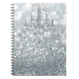 Caderno Espiral Lustre Prata Branco Glamour Bokeh Candeeiro Espelh