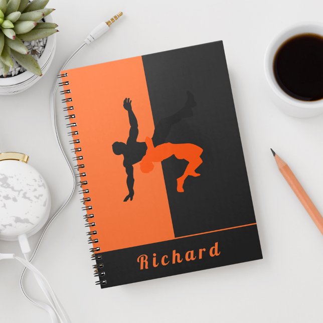 Caderno Espiral Luta do Wrestler Silhouettes Esporte Nome Personal (Criador carregado)