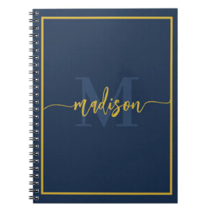 Caderno Espiral Luxo Azul Marinho Dourado Monograma Nome em Letra