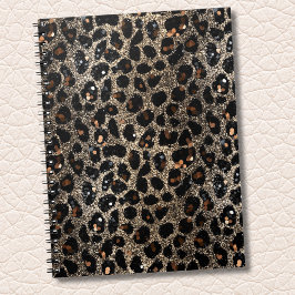 Caderno Espiral Luxo Glitter Marrom Preto Dourado Estampa Leopardo