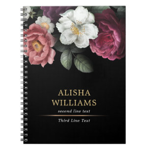 Caderno Espiral Luxo Personalizado Floral Preto