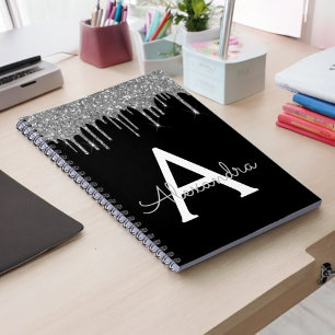 Caderno Espiral Luxo Preto Prateado Brilho Glam Monograma Nome