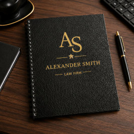 Caderno Espiral Luxury Black Leather Gold Monogram Business Brand
