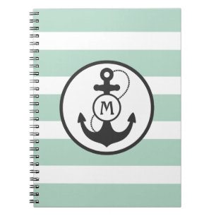 Caderno Espiral Luz - listras verdes com âncora e Mongram