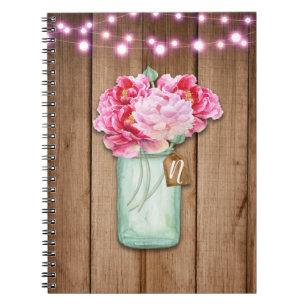 Caderno Espiral Luzes Cor-de-Rosa em Cordão e Flores em Pote de Pe