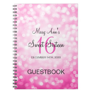 Caderno Espiral Luzes do brilho do rosa do Guestbook do partido do