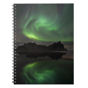 Caderno Espiral Luzes do Norte Praia Vestrahorn Hofn, Islândia