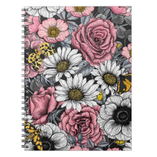 Caderno Espiral Luzes sobre mistura de flores em rosa e cinzas