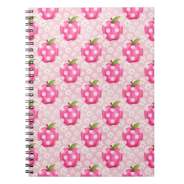 Caderno Espiral Maçã com Bolinhas Rosa e Margarida Padrão Perfeito (Frente)
