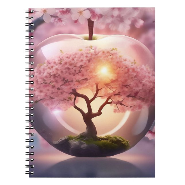 Caderno Espiral Maçã Rosa Translúcida Com Cena De Árvore De Maçã, (Frente)