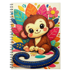 Caderno Espiral Macaco de Feltro Fofo com Folhas Florais Coloridas