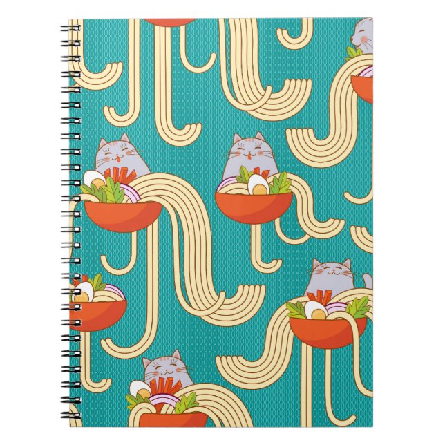 Caderno Espiral Macarrão Gatos Engraçados Fundo Turquesa (Frente)