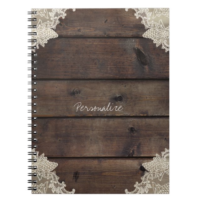 Caderno Espiral Madeira Rústica de Celeiro & Renda Romântico Elega (Frente)