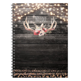 Caderno Espiral Madeira Rústica & Luzes Antílope Floral Boho Chic