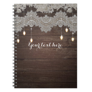 Caderno Espiral Madeira Rústica & Renda Vintage & Luzes Elegante