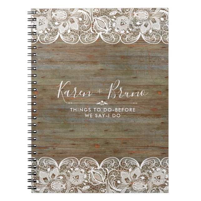 Caderno Espiral Madera Falsa Rústica e Renda Branca (Frente)