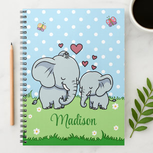 Caderno Espiral Mãe e Bebê Elefante Fofos, Personalizado