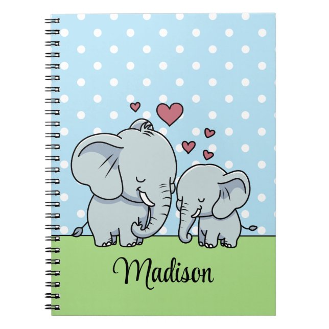 Caderno Espiral Mãe e Elefante Bebês Bonitos, Verde Personalizado (Frente)