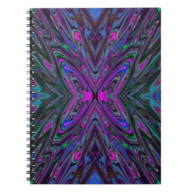 Caderno Espiral Magenta Trippy, borboleta Abstrato azul e verde (Frente)