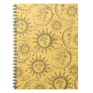 Caderno Espiral Magia Amarela Vintage Sol Lua Estrelas Celestiais