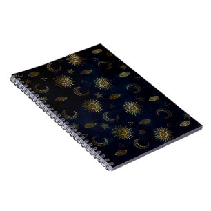 Caderno Espiral Magia Dourada Sol-Lua Estrelas Azul Escuro