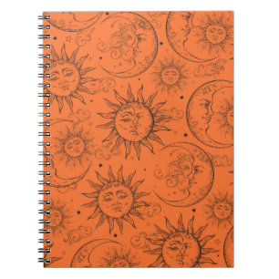 Caderno Espiral Magia Laranja Vintage Celestial Sol Lua Estrelas