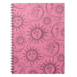 Caderno Espiral Magia Rosa Vintage Sol Lua Estrelas Celestiais