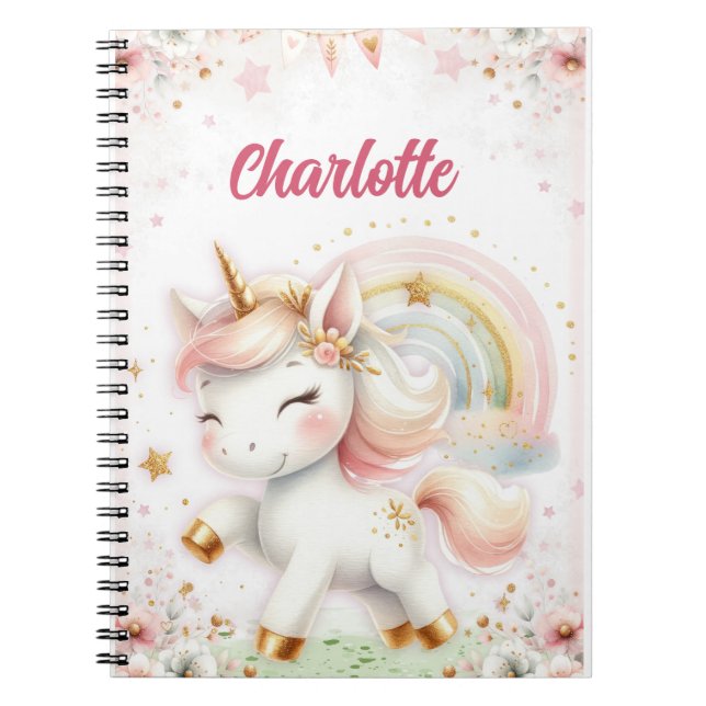 Caderno Espiral Magical Rainbow Pink Unicorns Spiral Notebook wate (Frente)