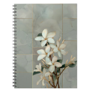 Caderno Espiral Magnólia Branca Floral Linha Dourada Mármore