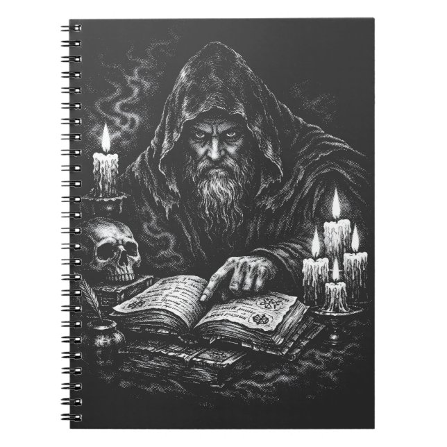 Caderno Espiral Mago Estudando o Grimório — por BurnsInHell (Frente)