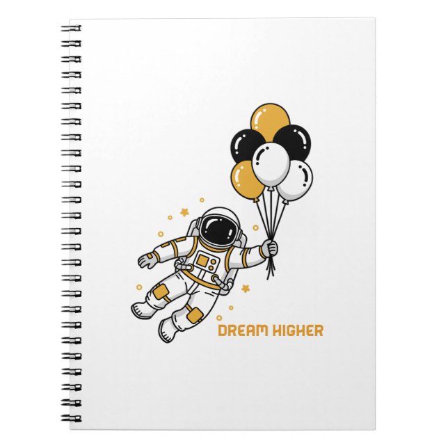 Caderno Espiral Mais alto de Sonho - Astronauta Flutuando com Balõ (Frente)