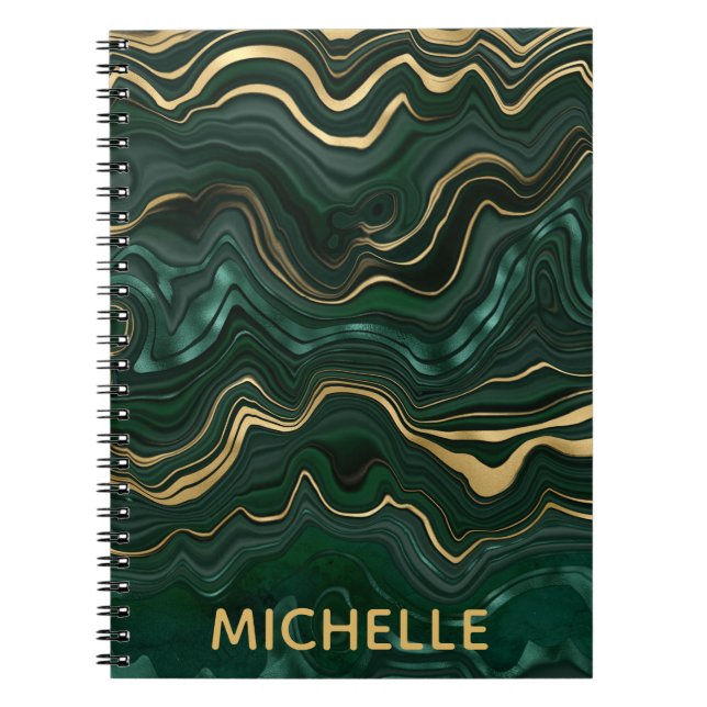 Caderno Espiral Malacite Verde Escuro e Veios de Folha de Ouro (Frente)