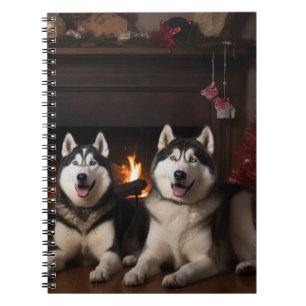 Caderno Espiral Malamute do Alasca junto à Lareira Natal