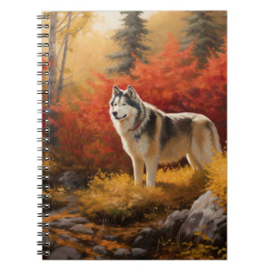 Caderno Espiral Malamute do Alasca nas Folhas do outono inspira-se