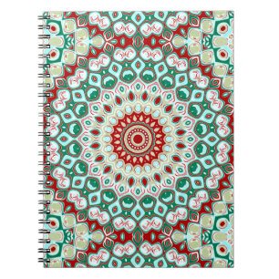 Caderno Espiral Mandala de Feriado em Vermelho, Verde e Branco de