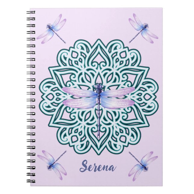 Caderno Espiral Mandalá de Libélula Azul Roxo Personalizado Rosa (Frente)