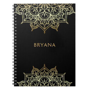 Caderno Espiral Mandalá Dourado Glamour Chic Preto Moderno Glam