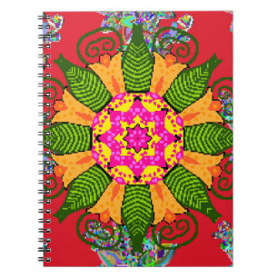 Caderno Espiral Mandala floral cor redonda, vermelha, verde e