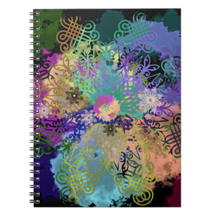 Caderno Espiral Mandalas de renda geométrica multicolorida