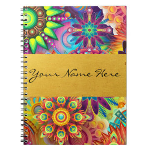 Caderno Espiral Mandalas florais Funky personalizadas da chama de