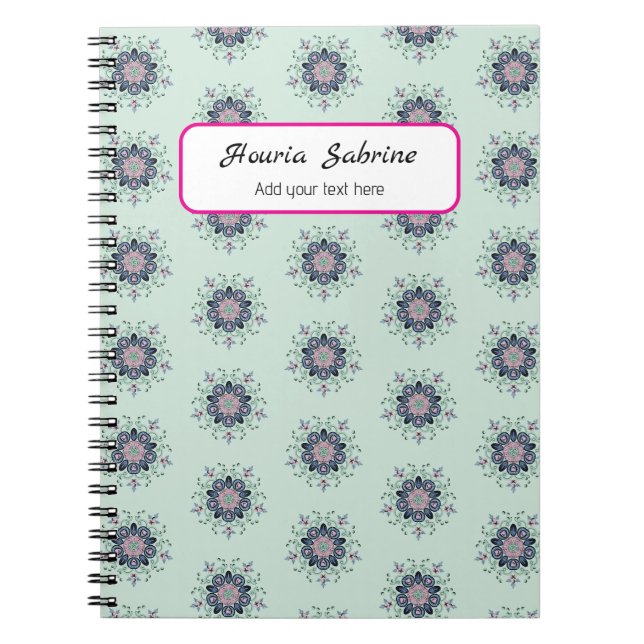 Caderno Espiral Mandalas Florais Modernas em Turquesa e Rosa com R (Frente)