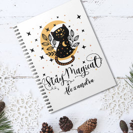 Caderno Espiral Mantenha um gato preto mágico com meia lua com est