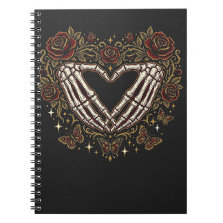 Caderno Espiral Mãos de Coração de Esqueleto Rosa Floral Gótica