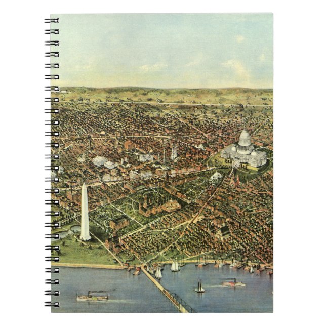 Caderno Espiral Mapa Antigo com Vista Panorâmica de Washington DC (Frente)